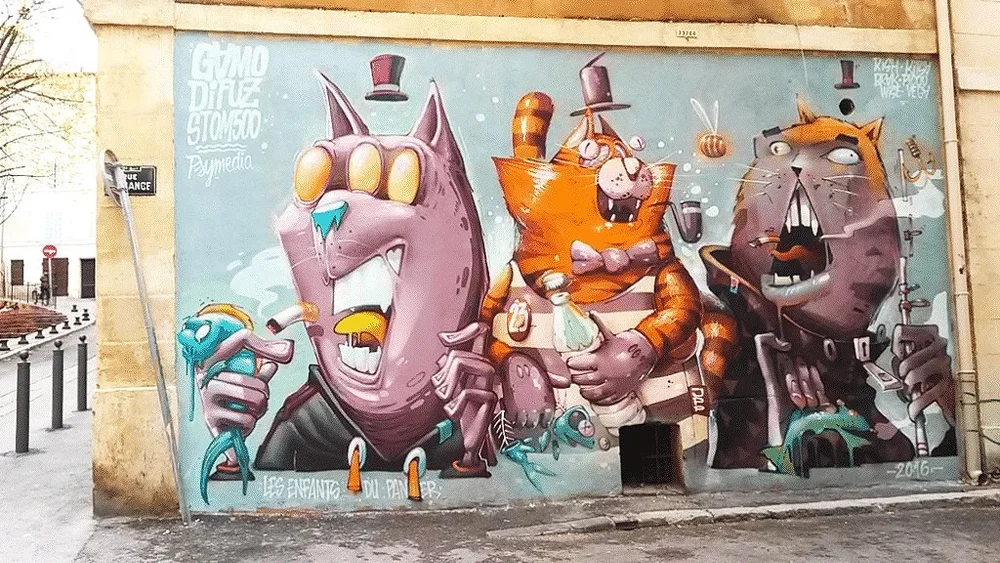 Fresque de Gamo, Stom500 et Difuz au Panier, 2016